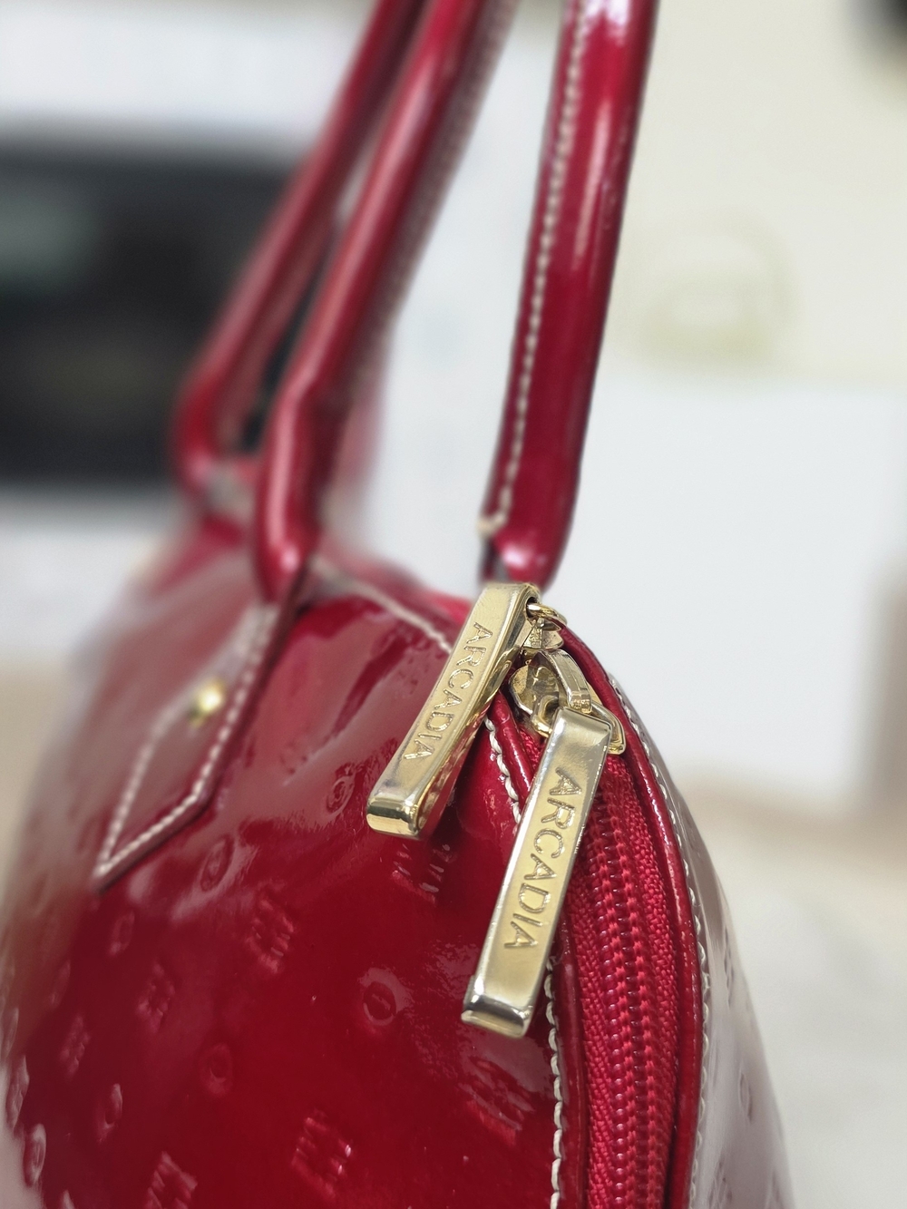 Arcadia Italian Patent Leather Monogram Zip Satchel in Cherry Red - Picture 5 of 15